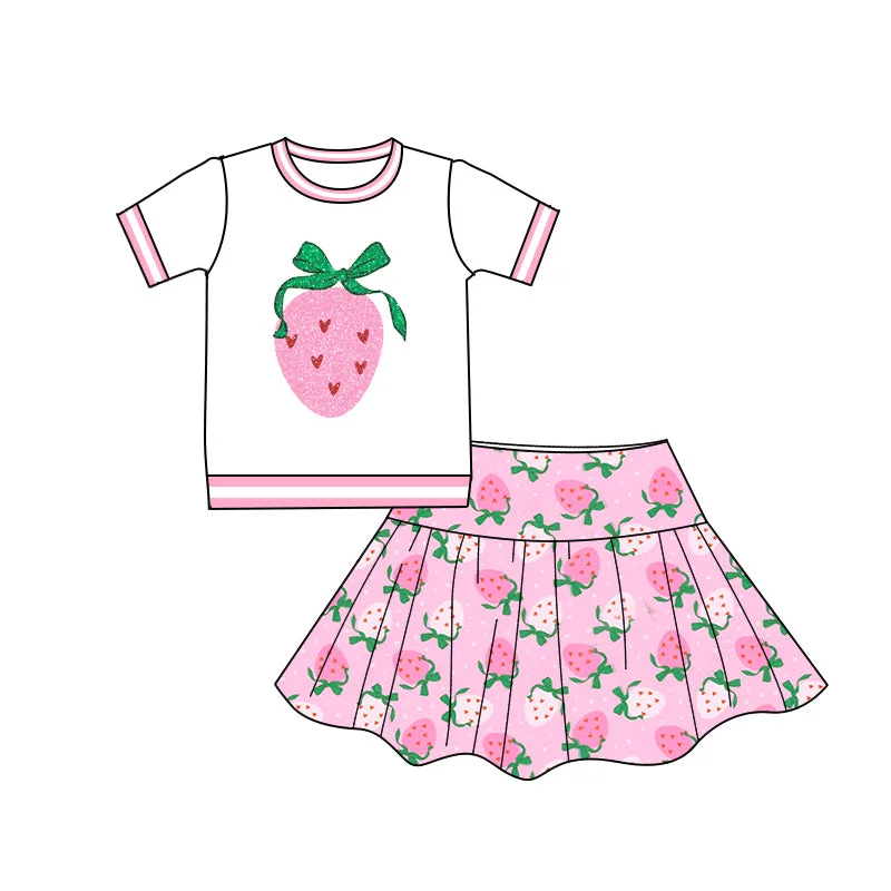 Preorder GSD2039 white hot pink strawberry bow short sleeve top skirts sets Girls Boutique Summer clothes  202502 corduroy skirt durable