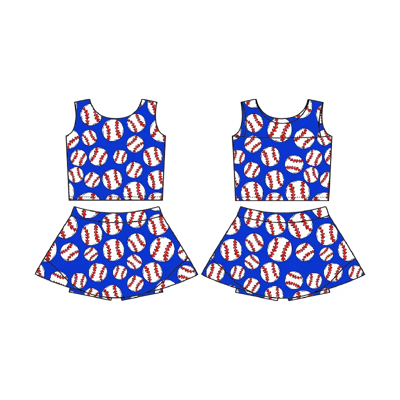 Preorder GSD2040 Yoga Outfit Baby Girls clothes Navy Blue baseball sleeveless top skirts shorts Girls Boutique Summer clothes  202502 denim skirt fashionable