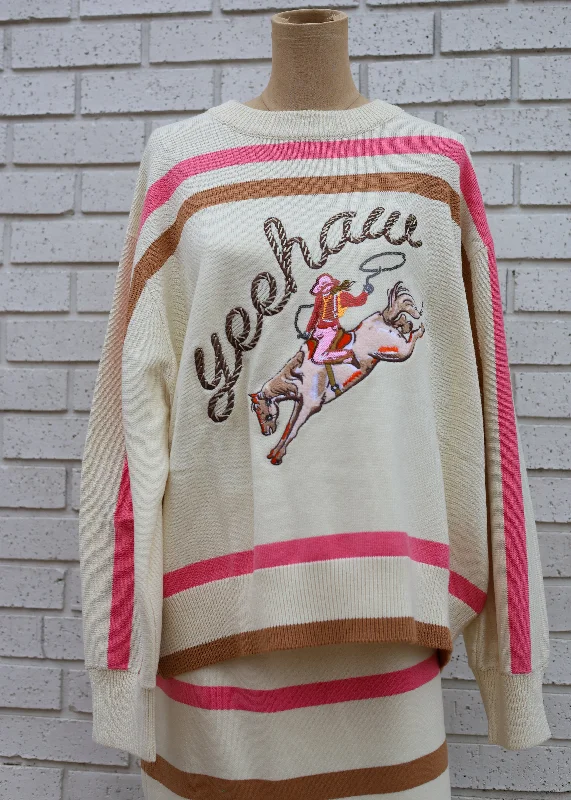 BEIGE YEEHAW COWGIRL SWEATER AND SKIRT SET Cotton Fabric Linen Fabric Terry Fabric