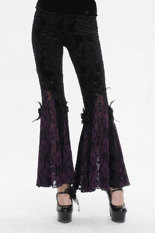 Black/Purple Printed Lace Embroidered Women's Gothic Flared Pants Stylish Paperbag Waist Pants