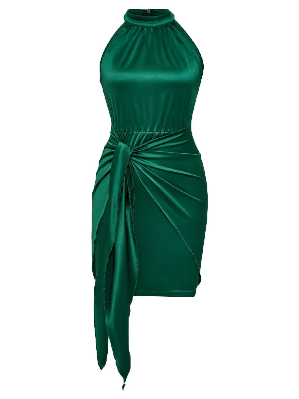Belted Halterneck High Waist Solid Color Bodycon Party Dress High-Low Hemline Casual