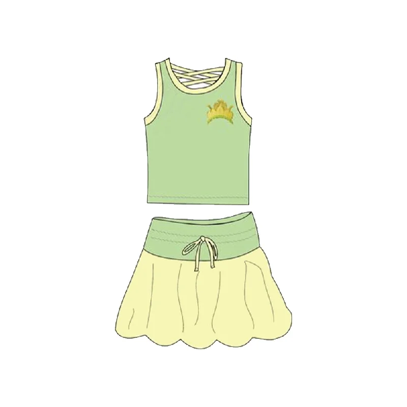 Preorder GSD2071 Yellow Green crown Milk silk sleeveless top skirts shorts Girls Boutique Summer clothes  202502 wrap skirt elegant