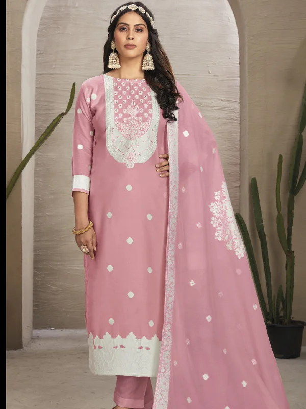 Pink Organza Pant Suit With Wevon Design Diamond Work Casual Skinny Fit Pants