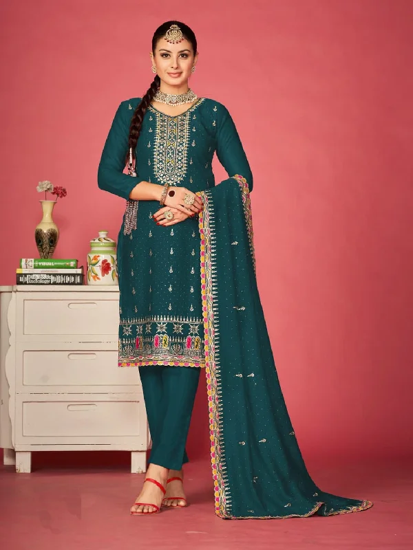 Teal Traditional Designer Semi-Stitched Pant Suit With Embroidery Diamond Work Comfortable Pleated Pants