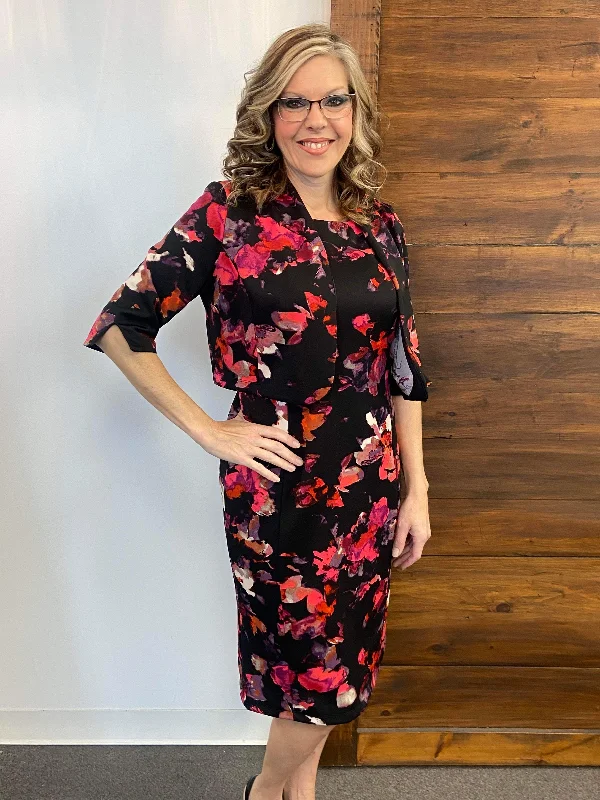 Black Floral Sleeveless Dress With Matching Jacket Welt Pockets Slit Pockets Flap Pockets