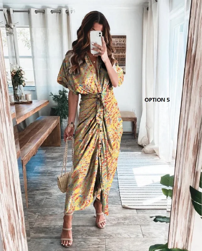 Elegant Print Shirt Dress Button Short Sleeve Tunic Midi V Neck Slit Draped Party Dresses CODE: KAR1072 empire Waist empire