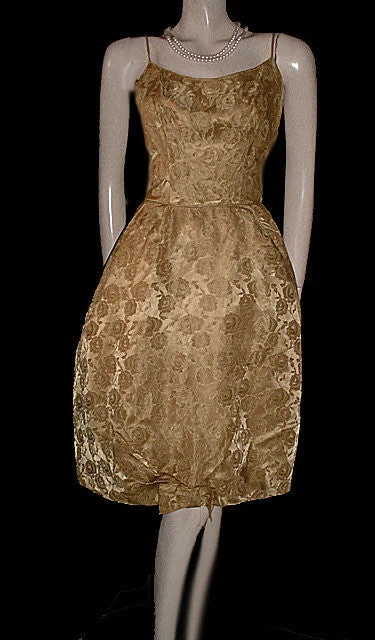 VINTAGE ‘50s GOLD BROCADE PARTY DRESS ADORNED WITH ROSES & BOW WITH ATTACHED CRINOLINE & METAL ZIPPER Tunics Versatile stylish