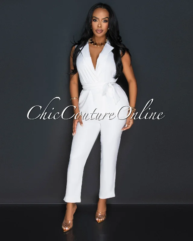 Jaxine Off-White Self Tie Vest & Slim Legs Pants Set Modern Bootcut Pants