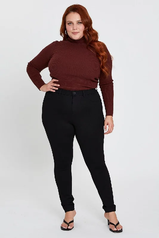 Black Pants Mid Rise Ponte Button Front Stylish Casual Pants