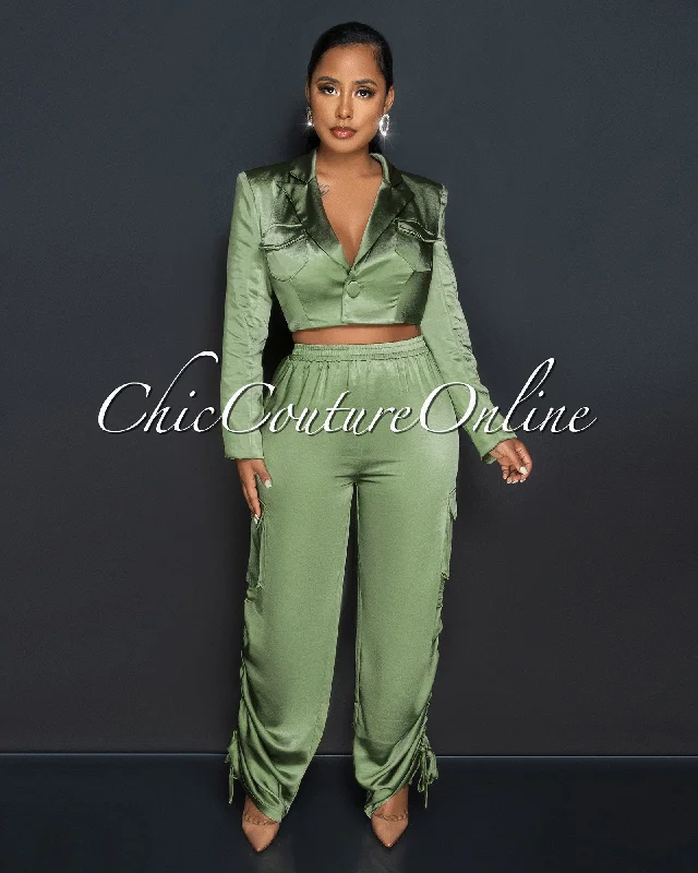 Vonetta Olive Green Crop Blazer & Cargo Pants Silky Set Warm Wool Trousers