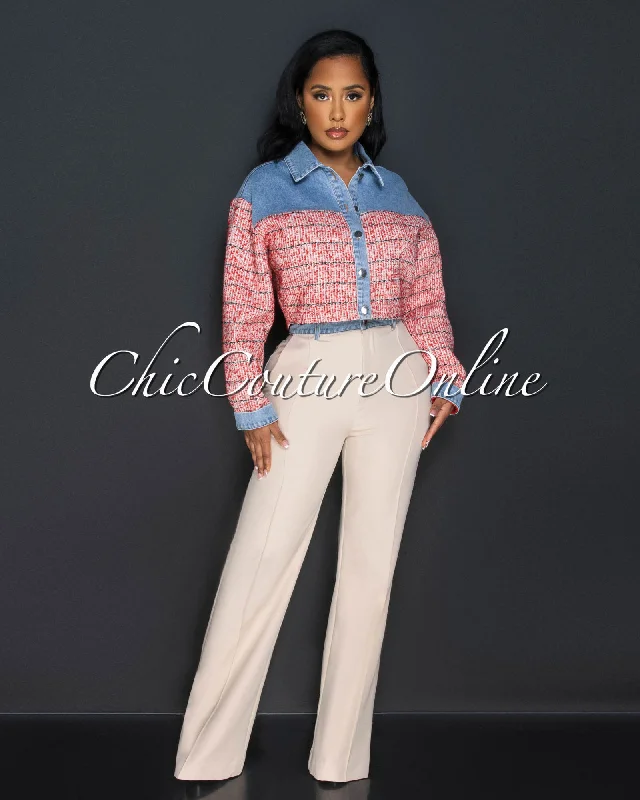 Nalini Denim Tweed Accent Pants Set Comfy High-Waist Jeans