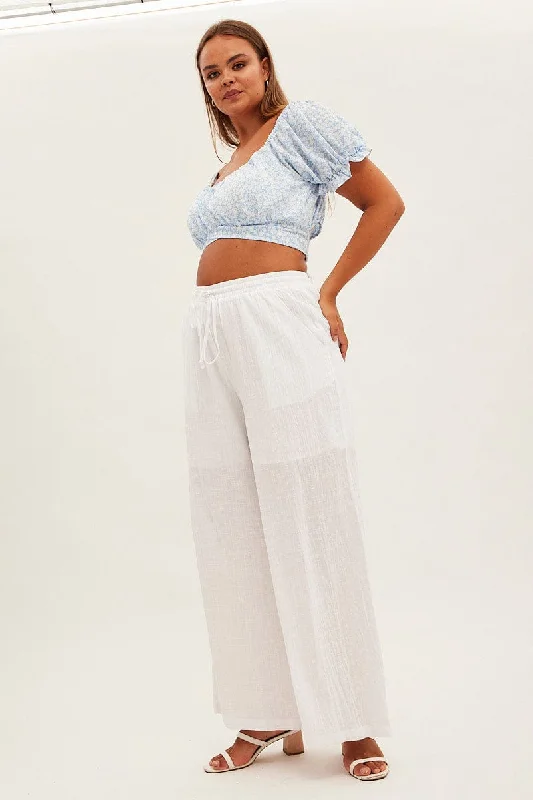White Wide Leg Pants High Rise Cotton Formal Stretch Pants