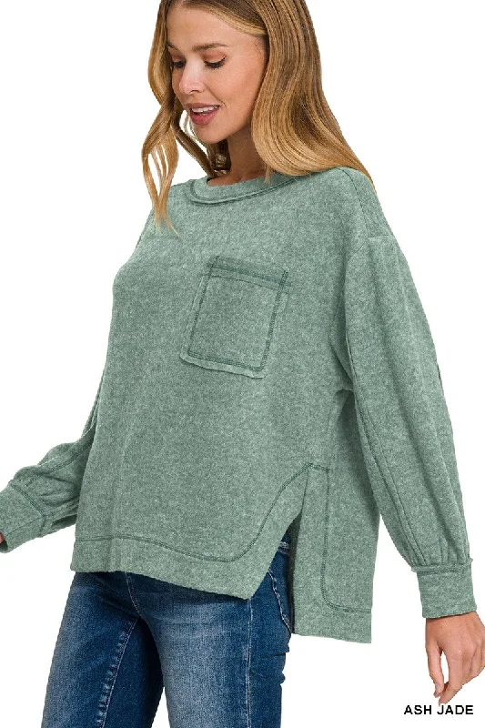 BRUSHED HACCI HI-LOW ROUND NECK SWEATER in ASH JADE Knit Fabric Woven Fabric Fleece Fabric