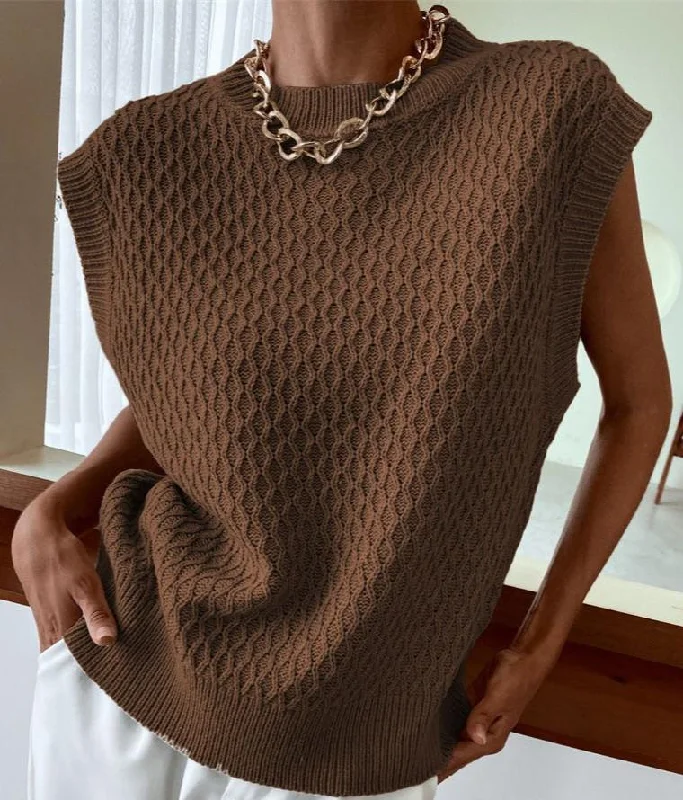LADIES KNIT SWEATER VEST in BROWN Ribbed Striped Patterned