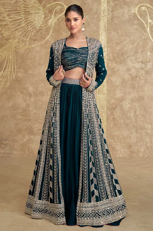 Chinon Silk Fabric Teal Color Stylish Readymade Lehenga With Jacket Boat Neck Shawl Collar Notched Collar