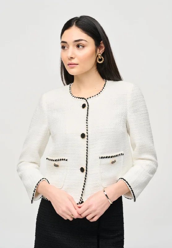 Joseph Ribkoff Winter White Boucle Contrast Jacket Toggled Jacket Drawstring Jacket Belted Jacket