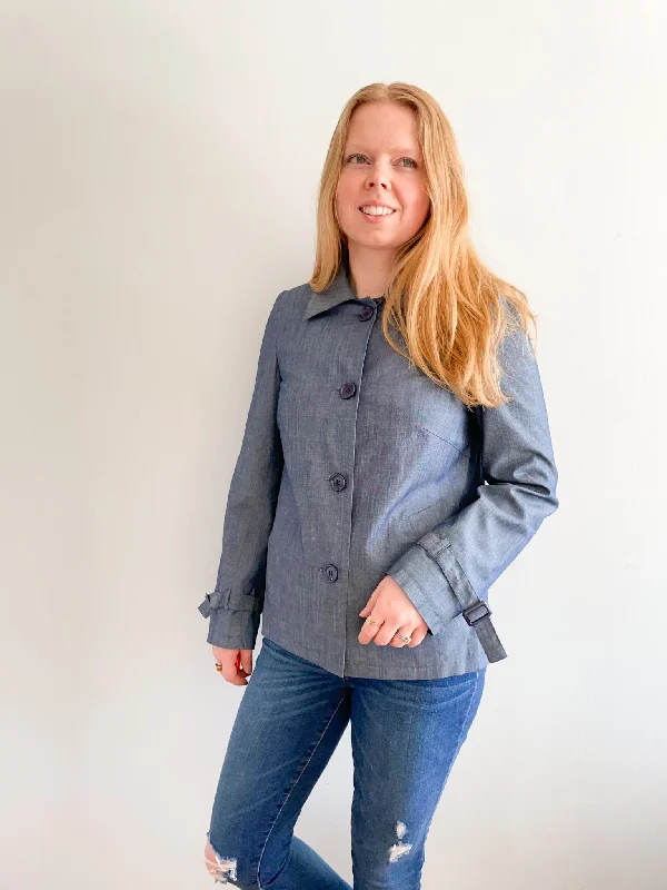 Spanner Blue Tencel Cotton Chambray Blazer Jacket - Small Snapped Jacket Toggled Jacket Drawstring Jacket