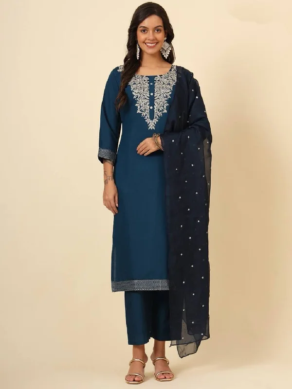 Teal Trendy Readymade Pant Suit With Embroidery Work Casual Yoga Pants