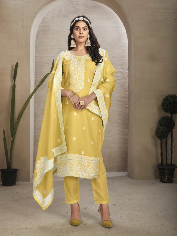 Yellow Readymade Organza Pant Suit With Wevon Designer Hand Work Chic Wool Trousers