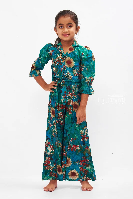Teal Floral Embroidered Jacket and Palazzo Set for Girls Insulated Jacket Fitted Jacket Loose Jacket
