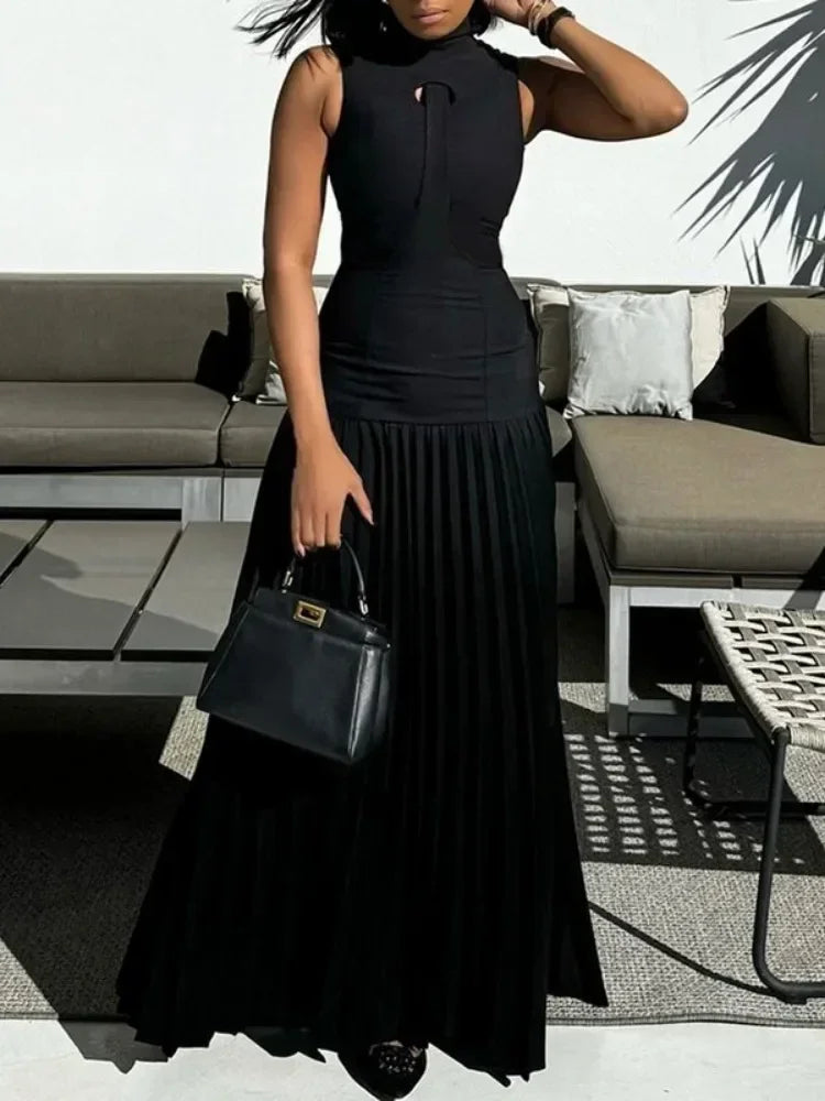 LIZAKOSHT  -  Female Fashion Black Color Bodycon Long Dress New Summer Sleeveless Split-Joint Pleated Club Elegant Party Dresses Tunics Winter warm