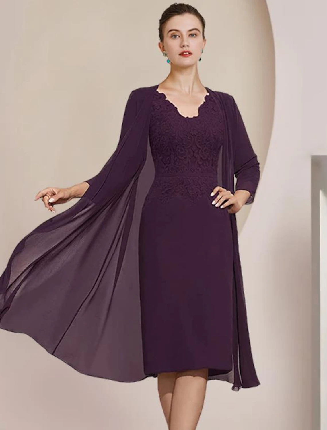 Two Piece Sheath / Column Mother of the Bride Dress Formal Wedding Guest Elegant V Neck Knee Length Chiffon Lace Short Sleeve Jacket Dresses with Appliques Faux Fur Jacket Real Fur Jacket Shearling Jacket