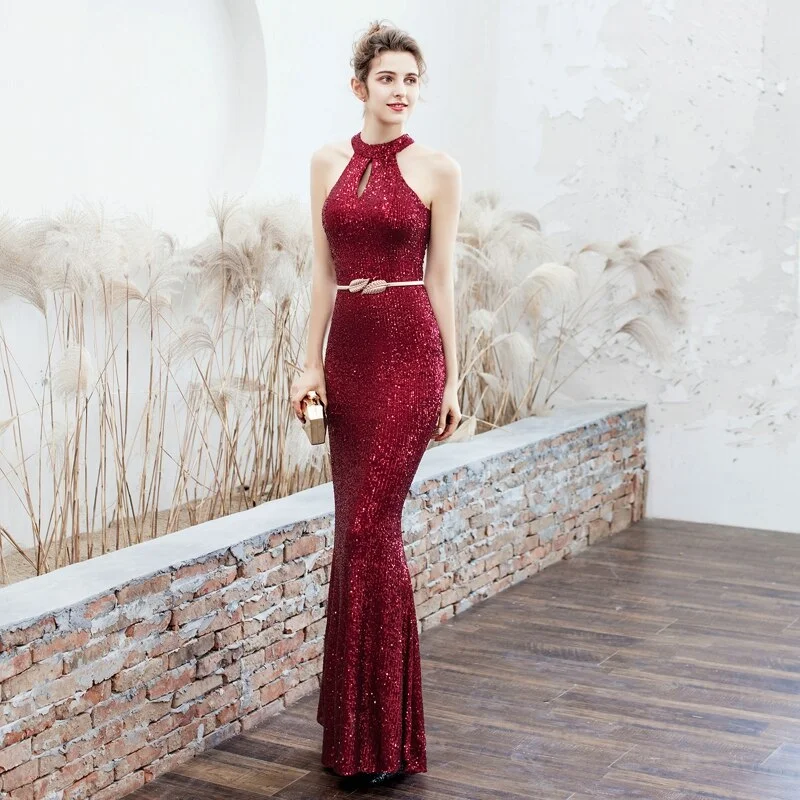 New Halter Neck Elegant Long Sequins Prom Dress Hollow Out Evening Party Dress Tunics Yoga stretchy