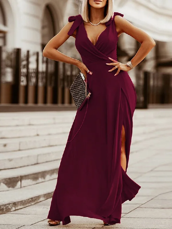 Lizakosht  Sexy Solid Deep V Neck Wrap Party Dress Elegant Sleeveless Lace-Up Maxi Dress Summer High Waist Side Slit Draped Dress Vestidos Tunics Practical durable