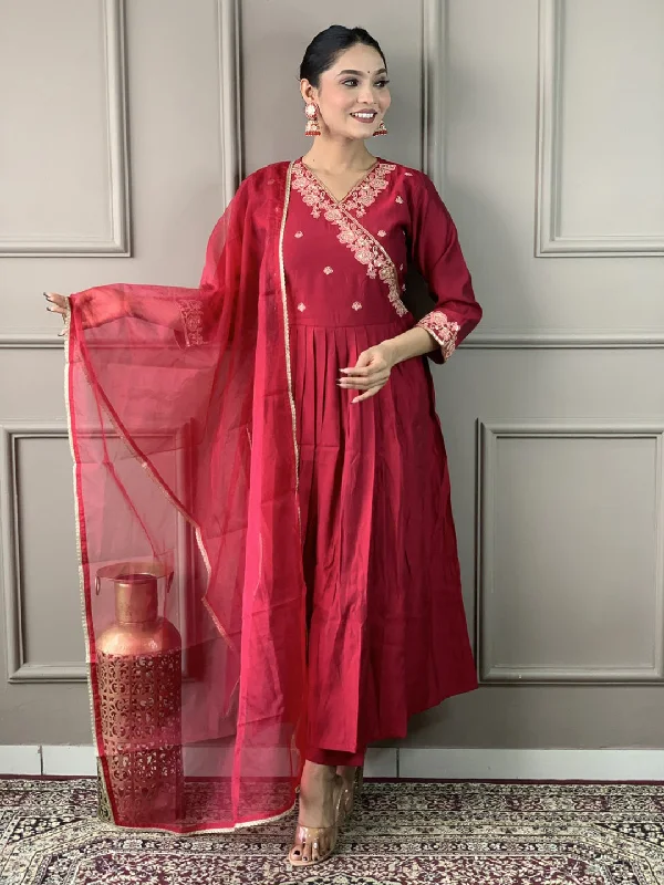 Maroon Attractive Looking Readymade Pant Suit With Embroidery Printed Work Elegant Wool Trousers