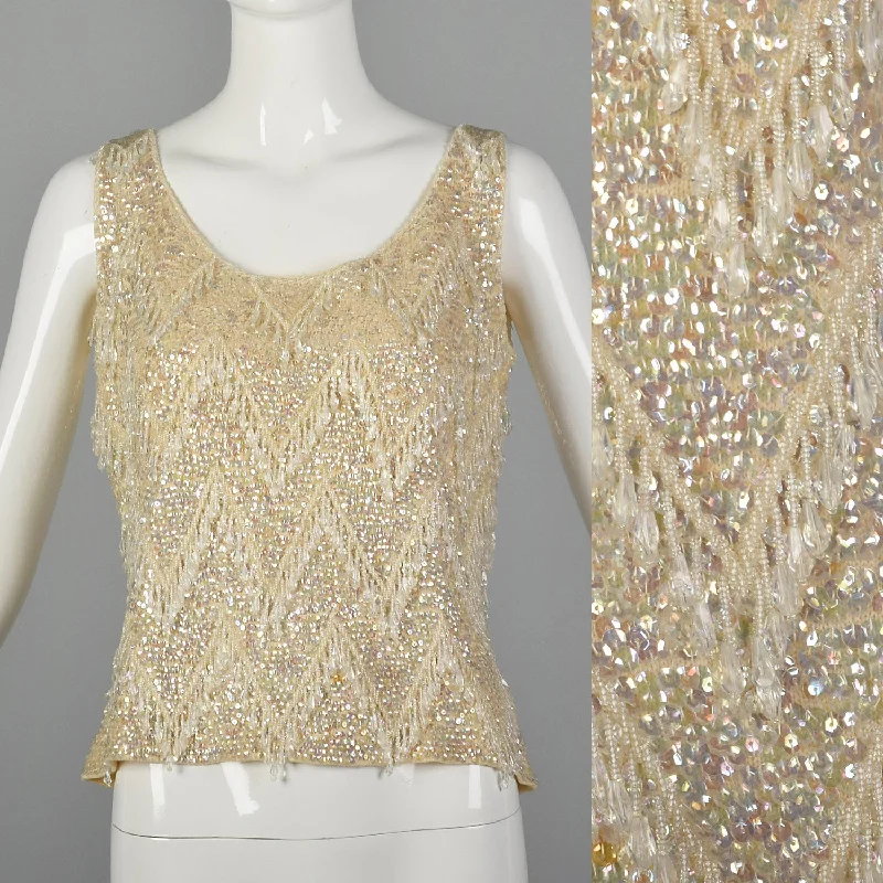 Large 1960s Sleeveless Beaded Sweater Blouse Satin Fabric Silk Fabric Chiffon Fabric