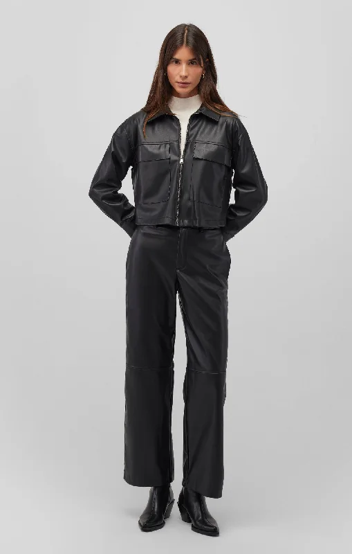 FAUX LEATHER WIDE LEG PANTS IN BLACK Casual Plaid Pants
