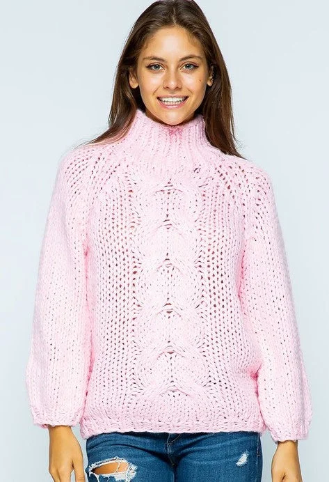 Chunky Hand Knitted Cable Sweater in Soft Pink Anti-Pilling Anti-Shrink Durable