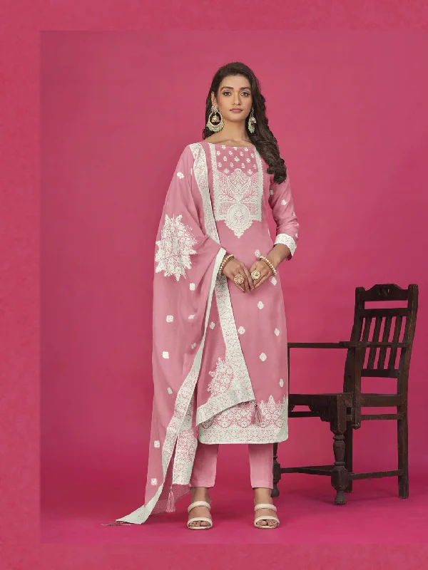 Pink Designer Readymade Organza Pant Suit With Wevon Design Baadla Work High-Waist Trousers