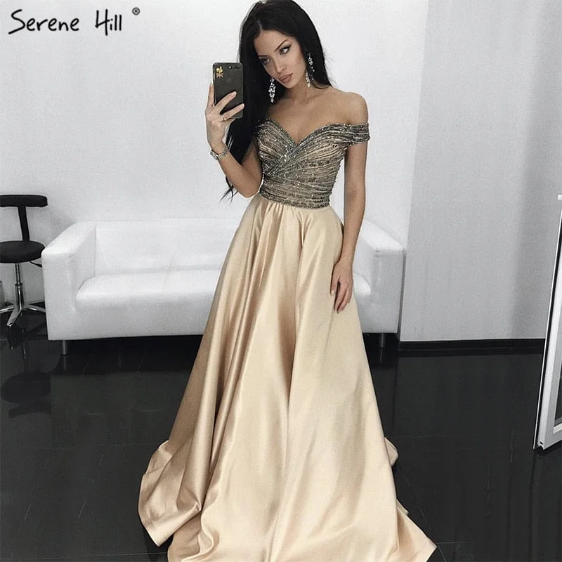 Off shouler Sexy Beading  Fashion Luxury A-Line Prom Dress  Diamond Crystal Satin Evening Party Dresses 2025 Serene Hill LA6252 Tunics Custom made