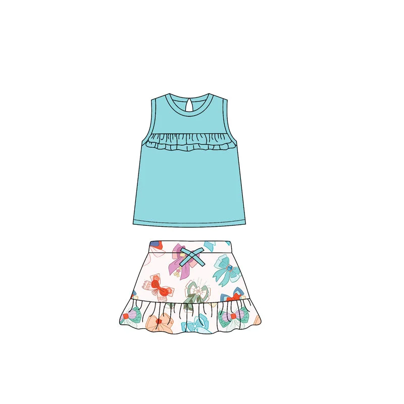 Preorder GSD2051 Blue Green sleeveless top colored bows skirts shorts set Girls Boutique Summer clothes  202502 corduroy skirt textured