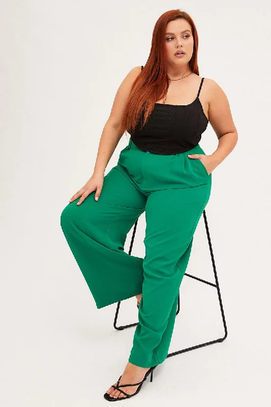 Green Wide Leg Pant Crepe Comfortable Cargo Pants