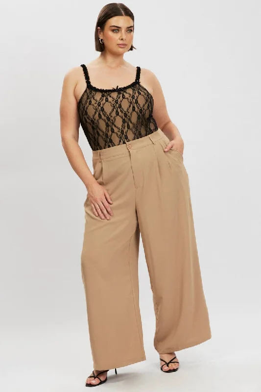 Brown Tailored Wide Leg Pants Soft Stretch Leggings