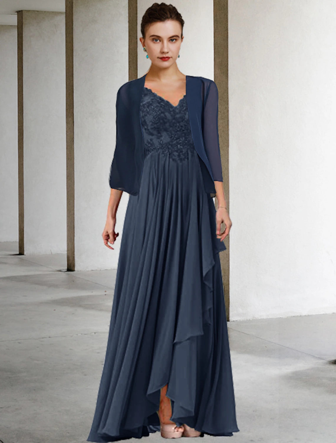 Two Piece A-Line Mother of the Bride Dress Plus Size Elegant High Low V Neck Asymmetrical Floor Length Chiffon Lace Half Sleeve Wrap Included Jacket Dresses with Pleats Appliques Knit Fabric Woven Fabric Fleece Fabric