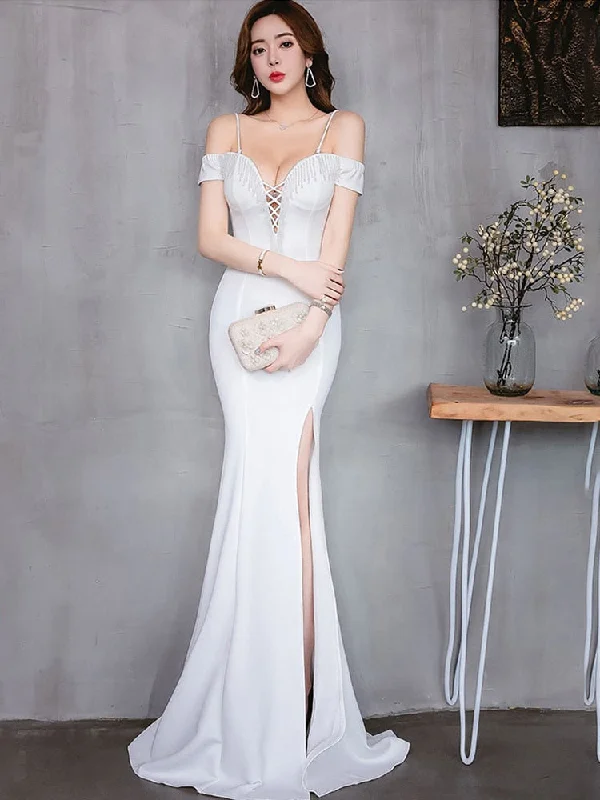 New Off-the-shoulder Elegant Slit Side Open Prom Formal Party Dress Spaghetti Straps Vestido Tunics Gym athletic