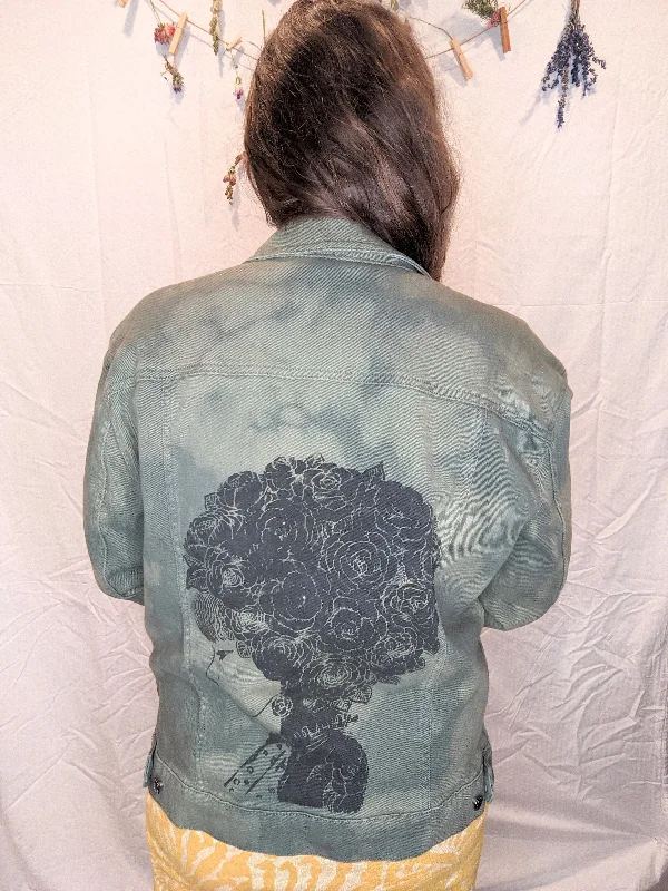 Olive Green Reverse Tie Dye Rose Hair Graphic Denim Jacket - Large Stand-Up Collar Roll-Neck Collar Turtle Neck