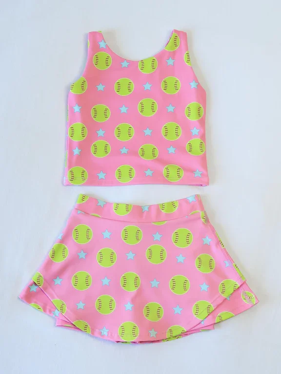 Preorder GSD2042 Yoga Outfit Baby Girls clothes Hot Pink yellow baseball sleeveless top skirts shorts Girls Boutique Summer clothes  202502 chiffon skirt lightweight