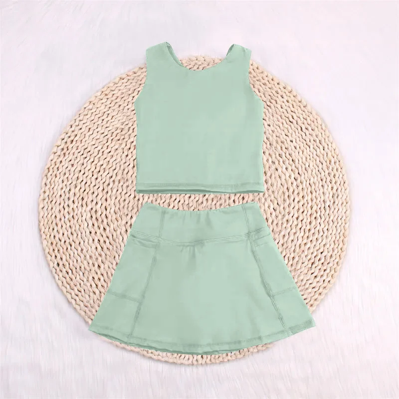 Preorder GSD1984 Yoga Outfit Baby Girls Sports clothes Pea Green Sleeveless top skirts shorts Girls Boutique Summer clothes  202502 high slit skirt